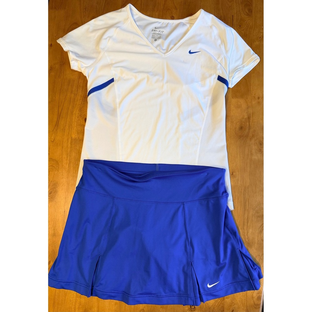 Nike Court Dri-FIT Tennis Set White V-Neck Top Small & Blue Pleated Skort XS 537